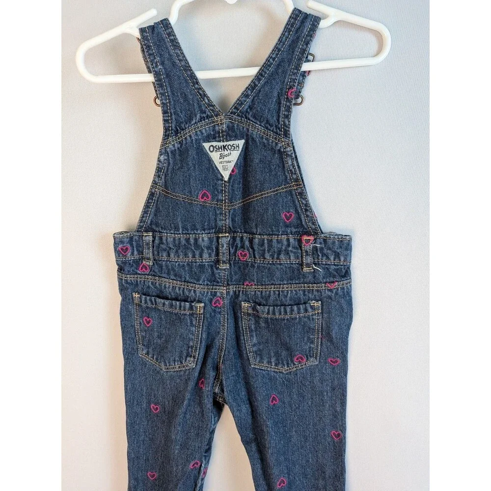 OshKosh B'gosh Overall Bibs Pink Hearts Denim 12 Months Blue Baby Toddler Girl